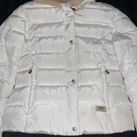 UGG Australia Cream Fur Lined Puffer Hooded Jacket Medium - Picture 3 of 4